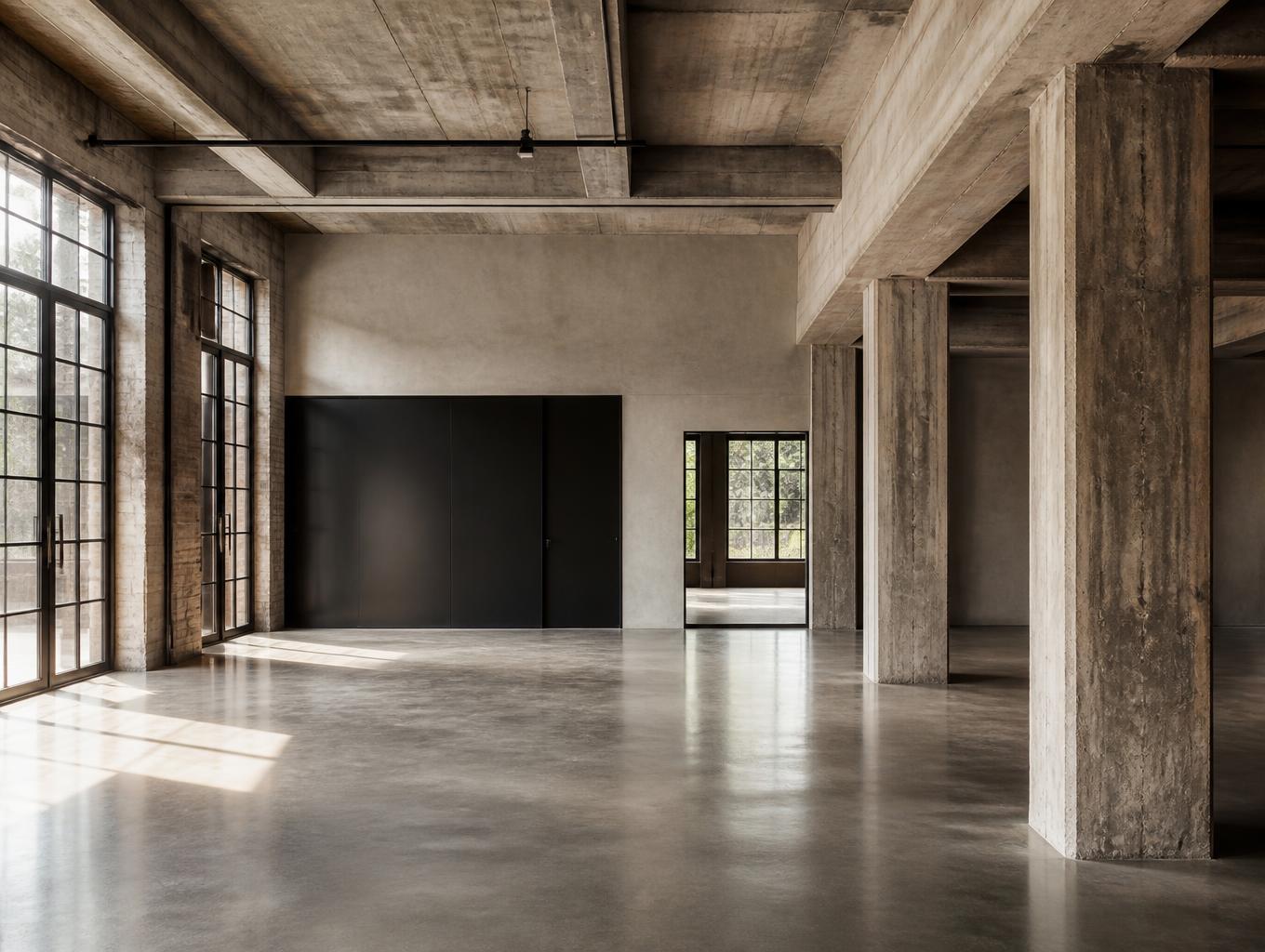 Interior de espacio industrial rehabilitado con hormigón visto y luz natural